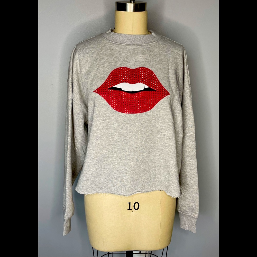 Crop top pullover sweatshirt Bedazzled Lips Kiss